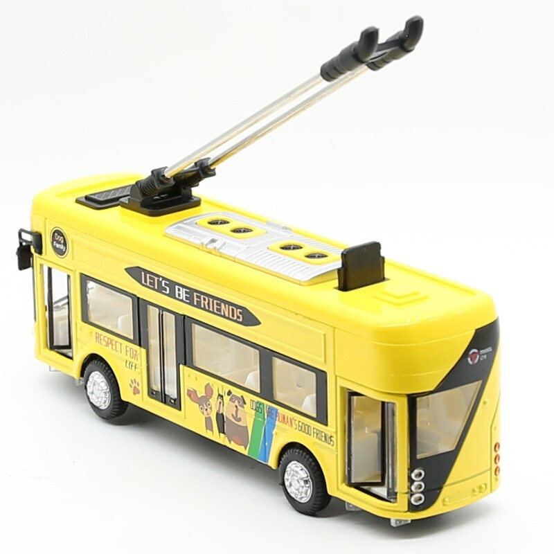 加长双节公交车巴士三开回力声光合金车模型玩具无轨电车黄色