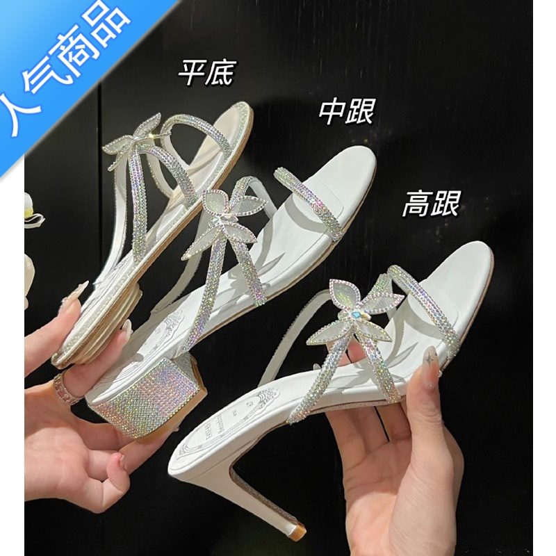SUNTEKrc水钻凉鞋~2023夏季新款蝴蝶结一字带细跟拖鞋女外穿时尚高跟鞋