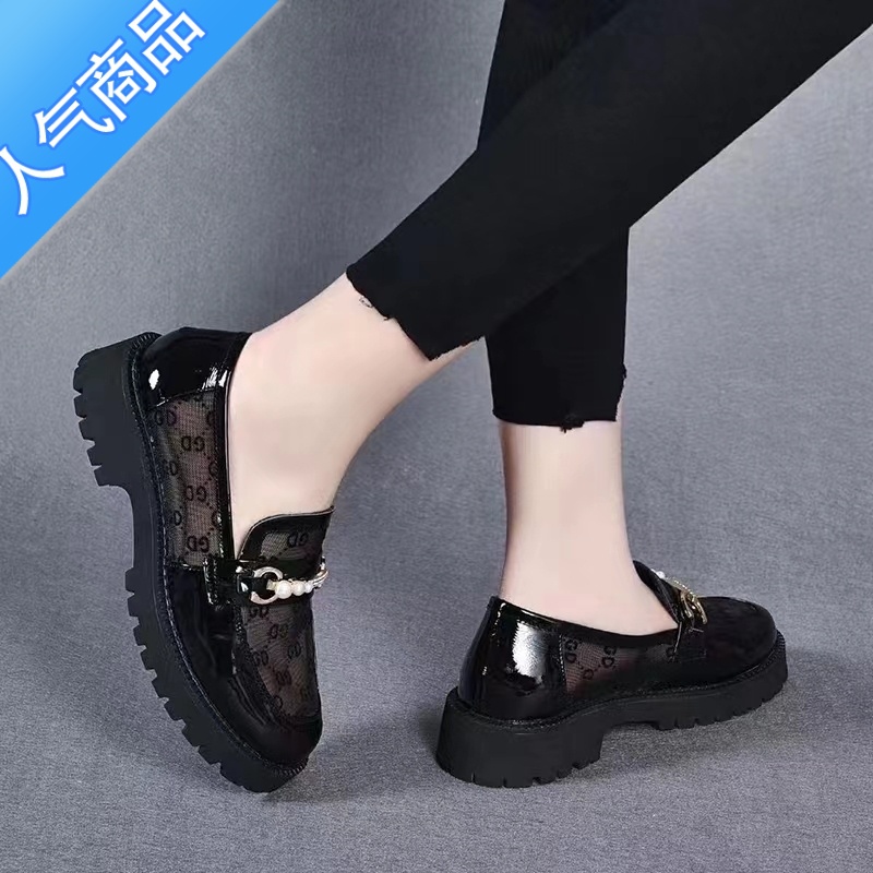 SUNTEK紅婧蜓乐福鞋女春秋漆皮网纱鞋透气百搭平底软底单鞋女小皮鞋高清大图