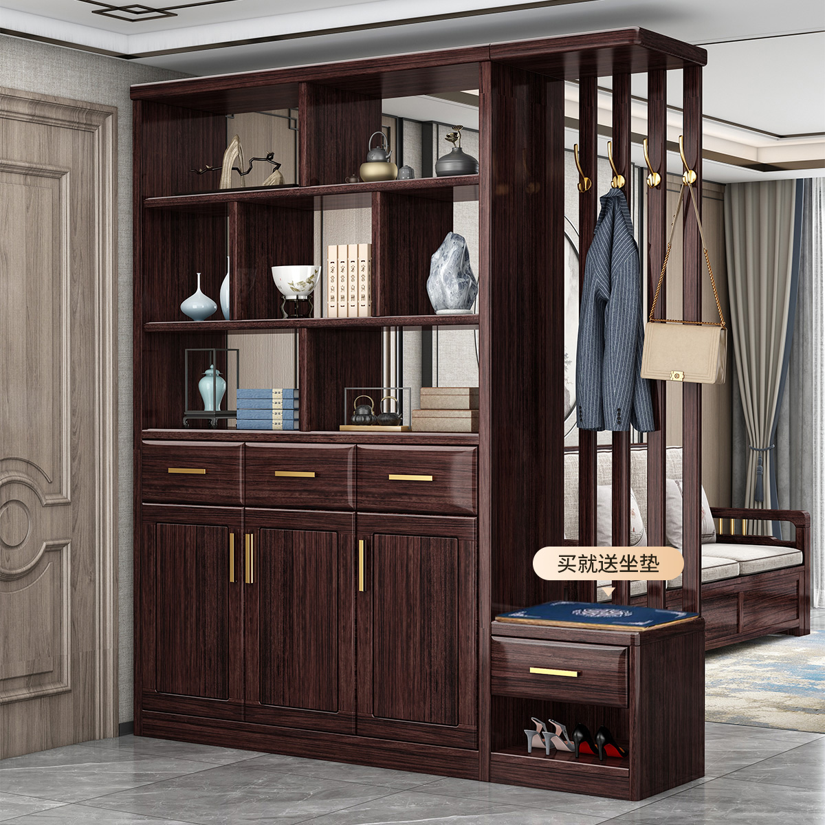 月影梳桐新中式紫金檀木玄关柜鞋柜一体家用门口隔断柜客厅进门实木