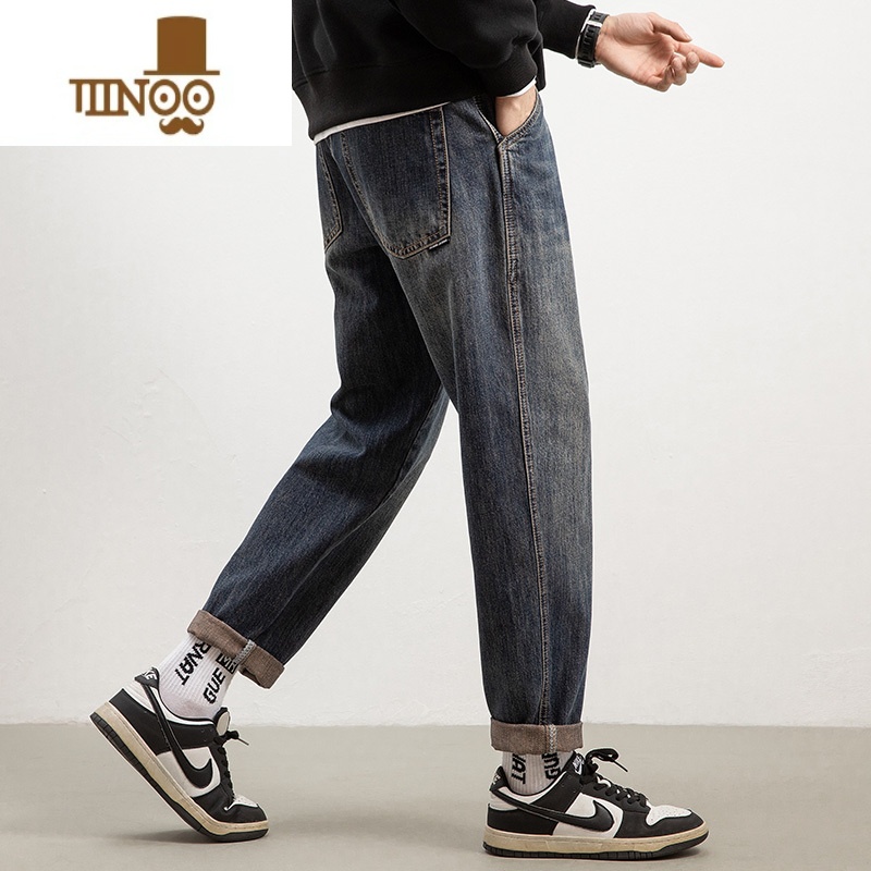 YANXU牛仔裤男士夏季薄款潮牌复古九分裤2023新款宽松直筒弹力休闲裤子高清大图