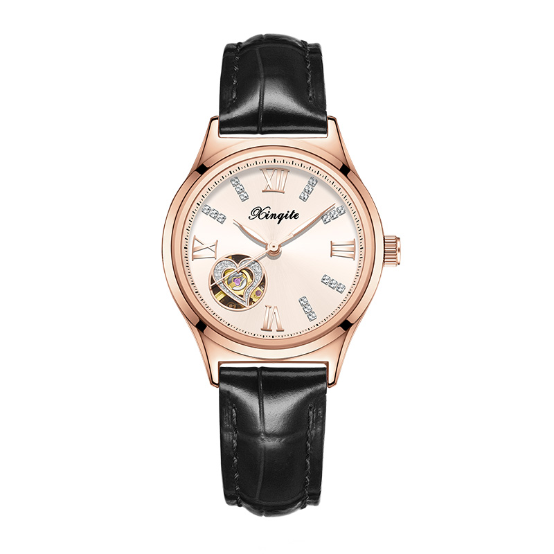 新奇特正品手表女士爱心形自动机械表超薄防水钢带皮带钻时尚简约商务国产品牌新款女表X-59 睿智黑