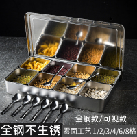 不锈钢调料盒带透明盖纳丽雅(Naliya)佐料盒厨房日式味盒长方型留样盒配料盒 调味盒10格+10勺