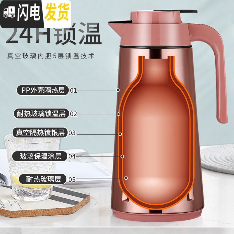 三维工匠保温壶家用热水瓶大容量欧式暖瓶玻璃内胆暖壶不锈钢保温水壶 1.6玫瑰金