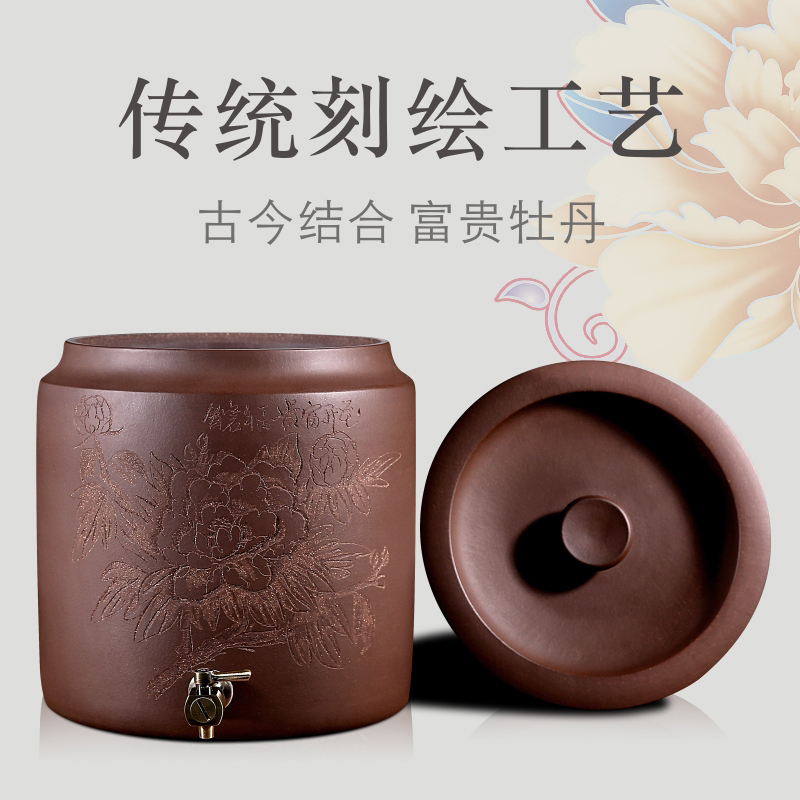 紫砂水缸家用泡茶储水罐带龙头大号养水净水缸陶瓷过滤抽水茶水桶|[中号20L龙头]花开富贵/含矮木架