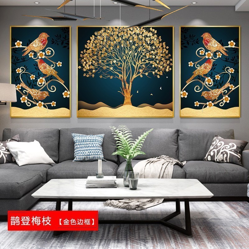 北欧壁画三联组合沙发背景墙客厅装饰画现代玻璃简约餐厅挂画鹿鹿 鹊登梅枝（金色边框） 40*60cm三联套装（建议_359