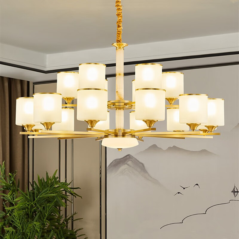 大气复式楼中空楼梯长吊灯现代简约酒店大厅铜灯防尘带盖led家用灯具