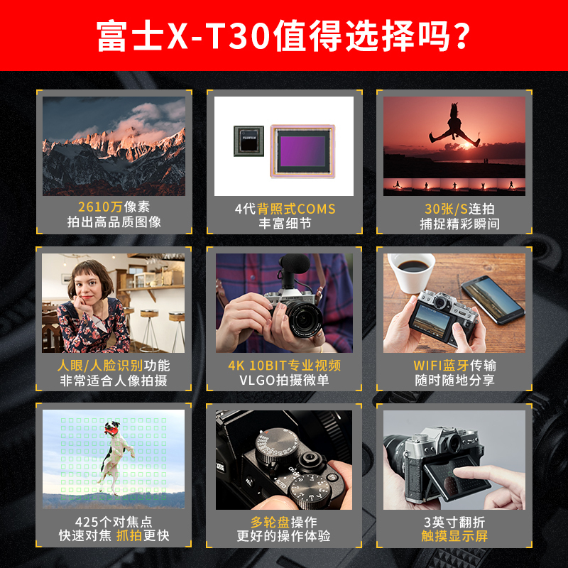 FUJIFILM/富士X-T30II/X-T30II(15-45)黑+XF35mmf1.4镜头 富士微单相机vlog xt20升级 2610万像素 变焦套装+基础套餐