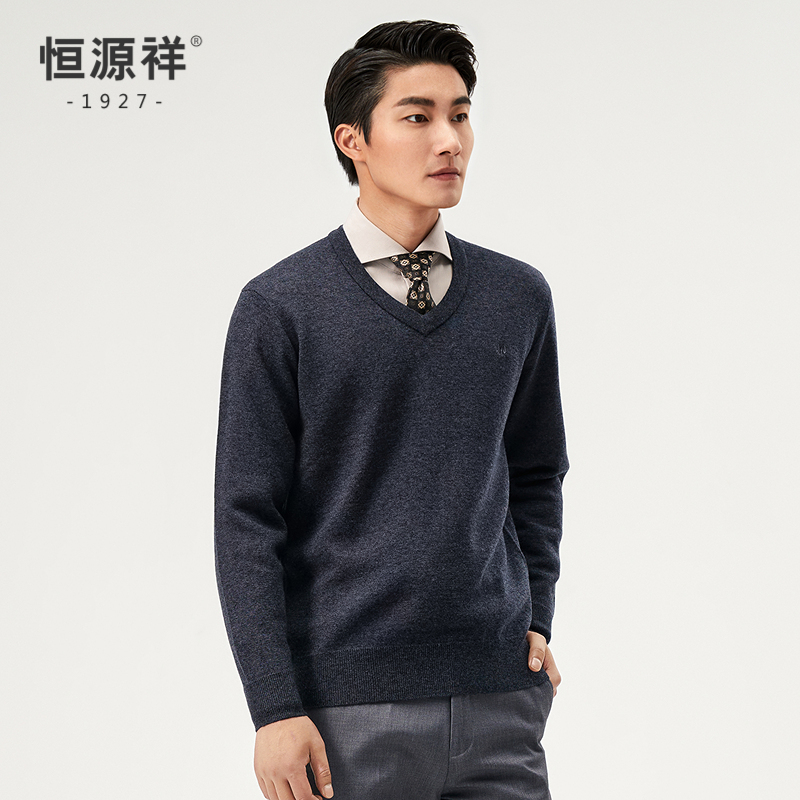 恒源祥羊毛衫男冬季加厚100纯羊毛V领针织衫中老年宽松爸爸毛衣男高清大图