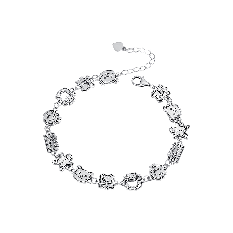 925纯银姜饼人小熊复古做旧手链女 可爱手饰学生圣诞节礼物送女朋友老婆情人节七夕生日礼物