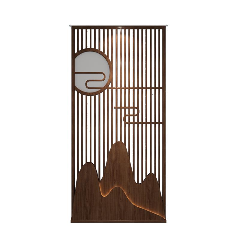 新中式实木屏风隔断玄关客厅分隔座屏入户遮挡镂空纱屏灯带小户型 黑胡桃120*240(不含灯) 整装高清大图
