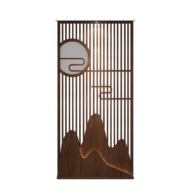 新中式实木屏风隔断玄关客厅分隔座屏入户遮挡镂空纱屏灯带小户型 黑胡桃120*240(不含灯) 整装