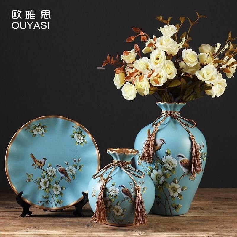 美式复古陶瓷花瓶盘子欧式客厅玄关酒柜装饰品摆件现代创意花插