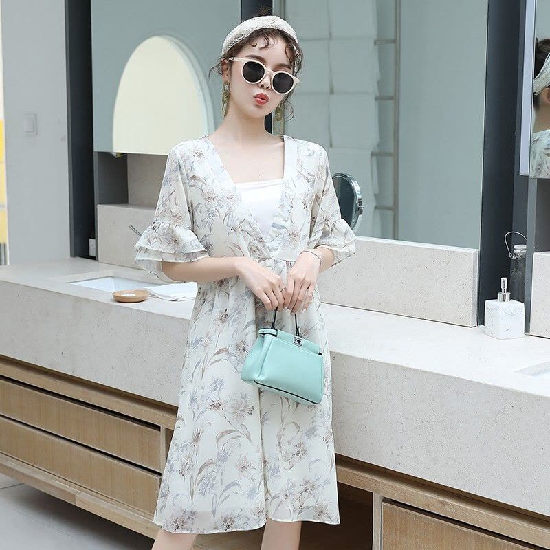 迪鲁奥(DILUAO)孕妇装夏装外出2021新款V领雪纺孕妇连衣裙中长款时尚潮妈孕妇裙子夏季宽松透气 白色裙图片