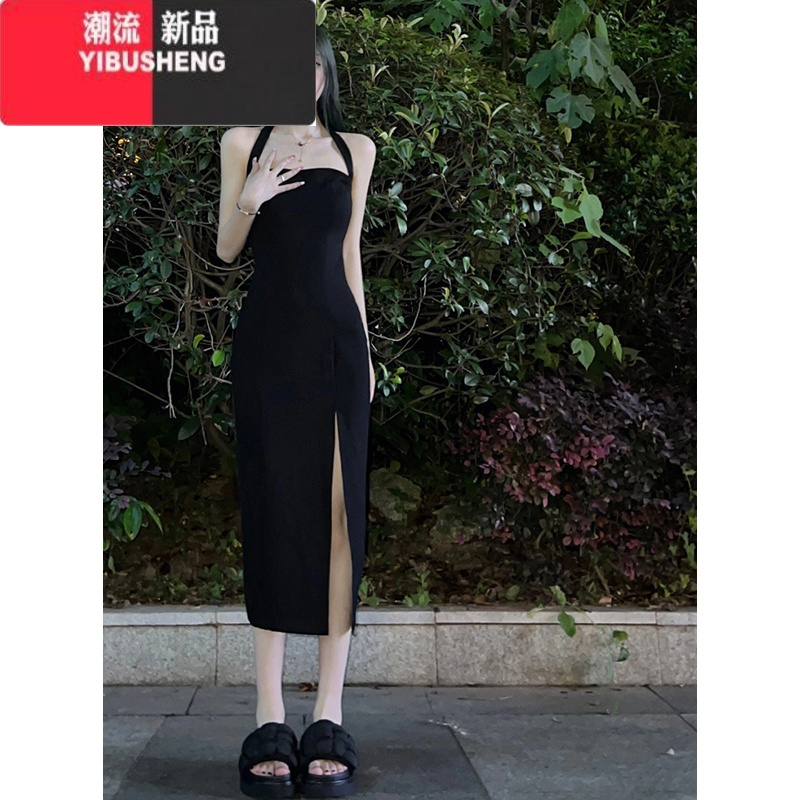 YIBUSHENG性感辣妹修身黑色包臀裙2024新款法式开叉吊带挂脖连衣裙子女季