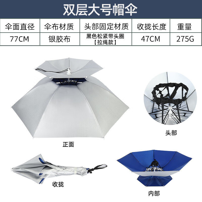 谋福(CNMF)伞帽雨伞帽 防风头戴帽伞钓鱼伞遮阳斗笠伞头戴式雨伞 (银色大号双层)