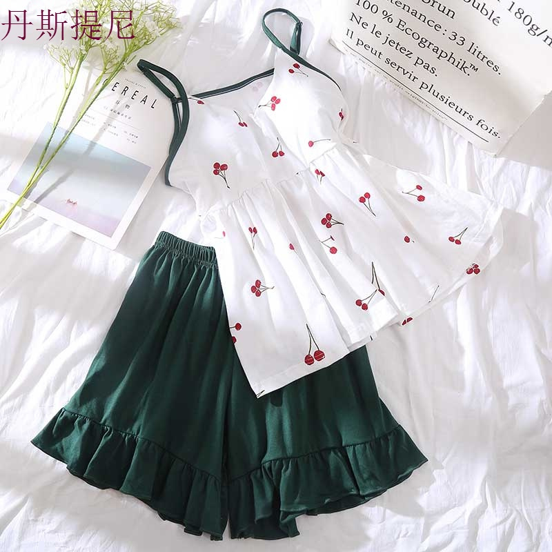 睡衣女夏纯棉带短裤套装韩版清新甜美可爱宽松学生家居服带胸垫
