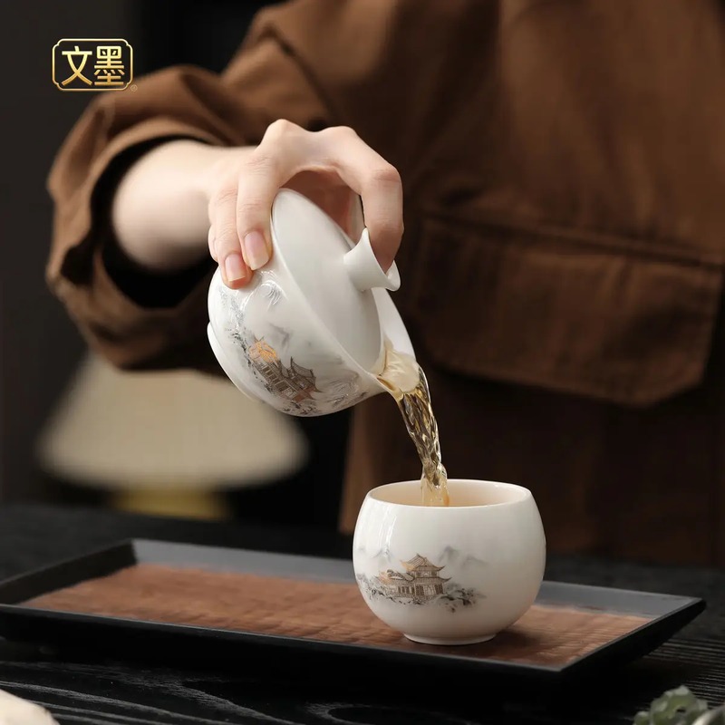 文墨羊脂玉盖碗款茶礼套装 WMCL01高清大图