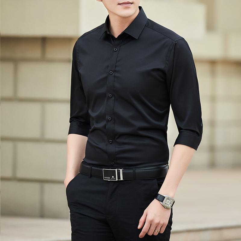 吉普战车2021年夏季新款男士衬衫男商务休闲纯色弹力七分袖衬衫男士中青年工装五分短袖衬衣男士外套中袖寸衫大码男装潮款