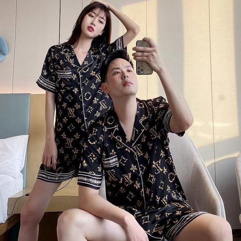 情侣睡衣女春秋冰丝薄款短袖加肥加大码夏季男士仿真丝家居服套装 QL-黑色 [双短套装]单套价 男M [建议70-80斤]