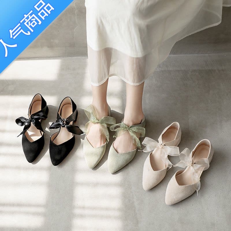 SUNTEK法式玛丽珍包头凉鞋女夏仙女风2023蝴蝶结粗跟中跟尖头斩男高跟鞋图片