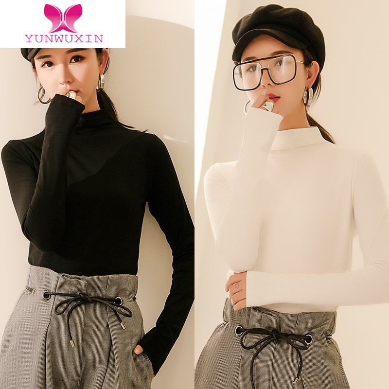 YUNWUXIN半高领纯色加绒打底衫女新款2022黑色内搭长袖t恤上衣女