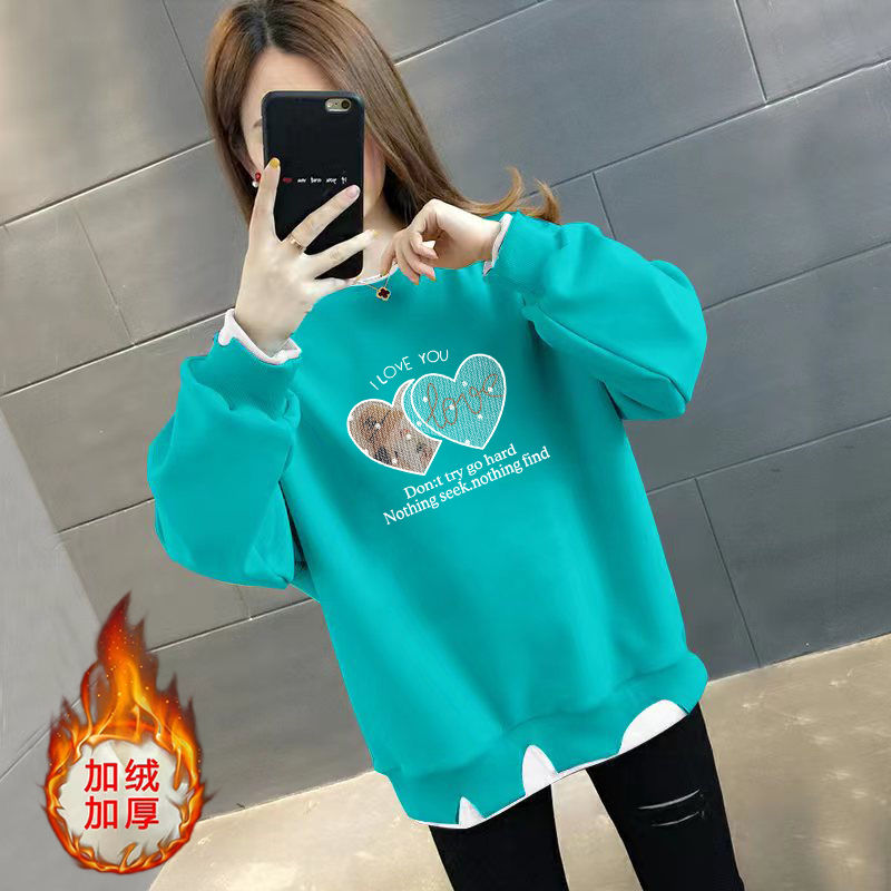 假两件秋冬款上衣时尚不规则宽松显瘦ins加绒/不加绒百搭女士卫衣 XL建议120-140斤 加绒加厚-透明爱心【天空蓝】