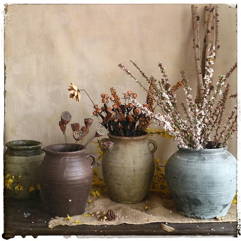 手工粗陶陶罐陶坛子花器花瓶做旧仿古软装家居摆件干花软装饰品*y