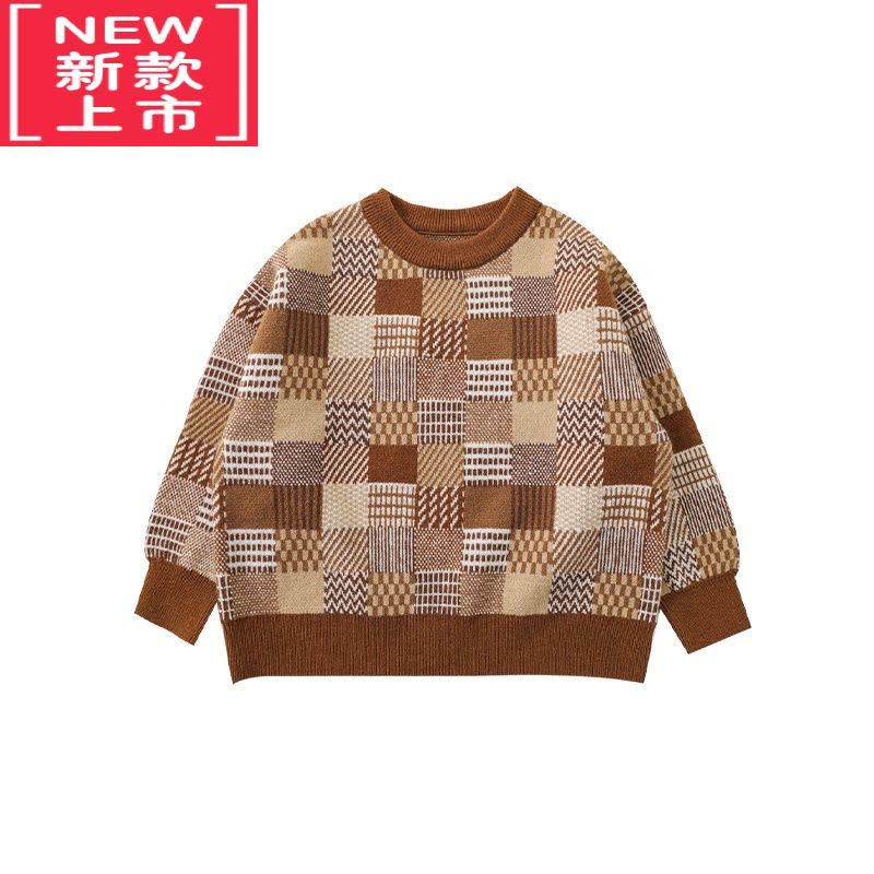 可莉允男童几何拼色芝麻点提花休闲宽松软弹内搭毛衣冬季儿童针织衫图片