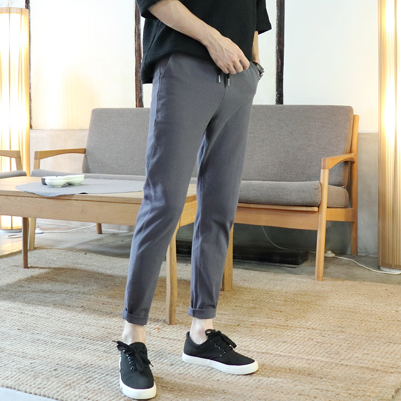 夏款男士九分休闲裤男弹力韩版修身小脚裤黑色9分裤子薄时尚百搭