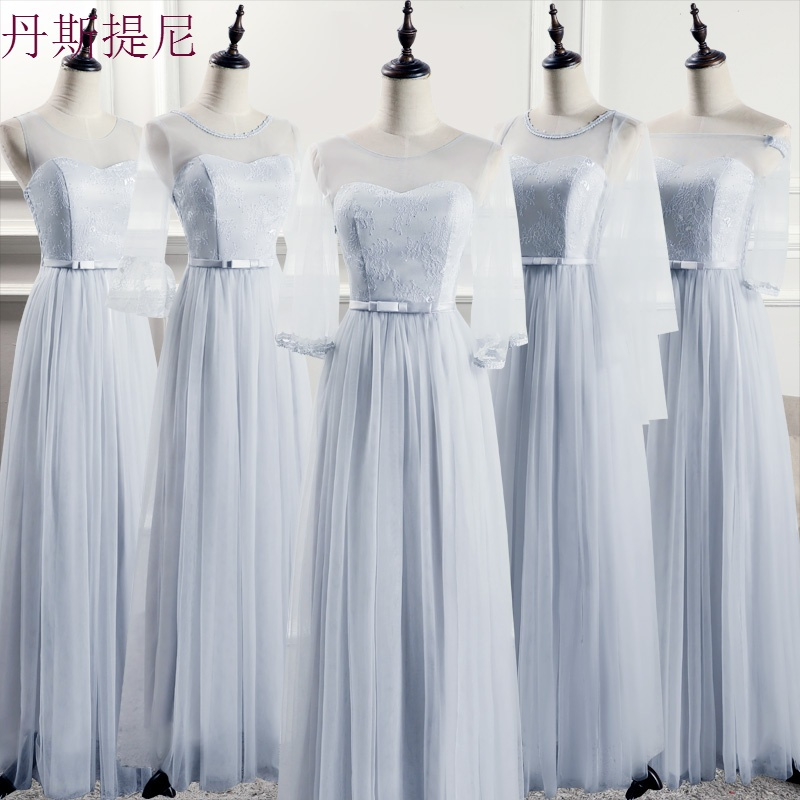 伴娘服长款2018韩版姐妹团礼服裙女灰色闺蜜装婚礼晚礼服短款