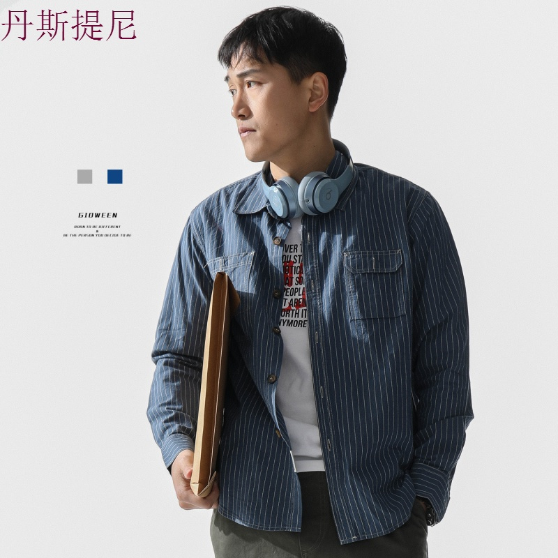 GW2018秋装新款日系复古条纹衬衫男青年港风潮牌休闲长袖工装衬衣
