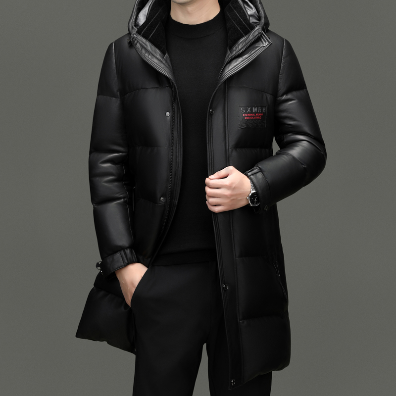 100头层真皮白鸭绒羽绒服皮夹克皮外套冬季加厚保暖中长款新款男装皮夹克海宁真皮绵羊皮高清大图