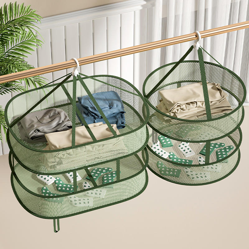 [补贴10%]晾衣网晒袜子神器晾衣篮家用毛衣纯色晾衣架晾晒羊毛衫平铺的网兜 升级款-长方形[二层有围栏]祖母绿(防生锈)高清大图