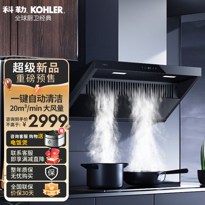 科勒(KOHLER)油烟机家用大吸力脱排自动清洗双吸侧吸式吸油烟机抽烟机 CXW-268-28227T-BLK