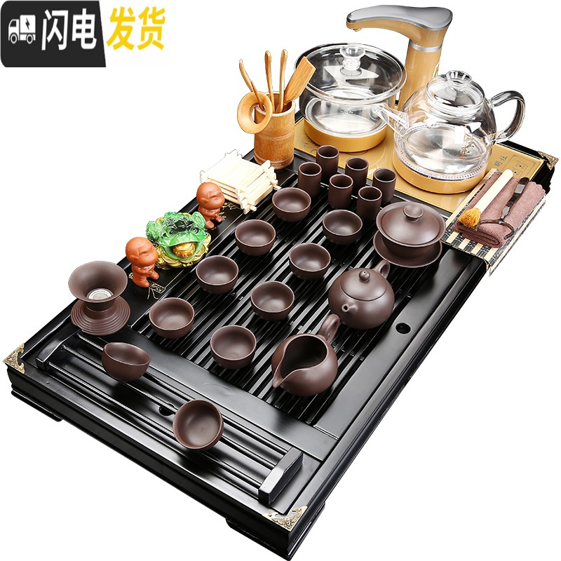 三维工匠年连有余茶盘茶具套装家用养生壶电磁炉紫砂功夫茶具实木茶盘茶台 木色年连有余哥窑(玻璃)JC 28件