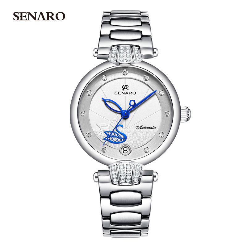 圣雅诺shenaro手表女士全自动机械表女表防水女士钢带日历时尚潮流女