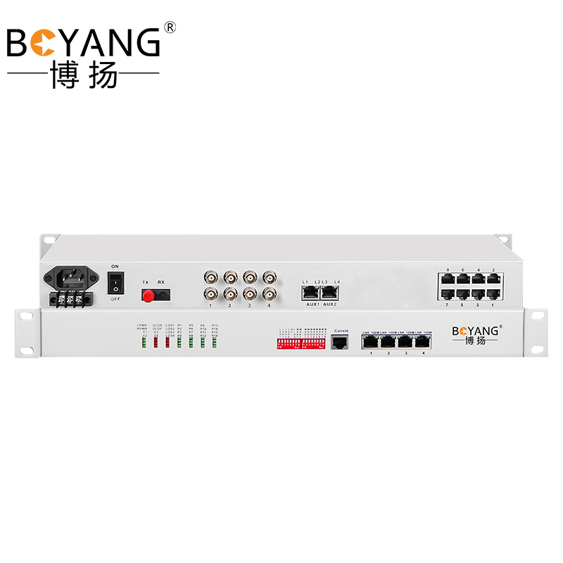 博扬 综合业务电话光端机 4路E1+4路电话+4路磁石+2路以太网 单纤20km机架式一对价