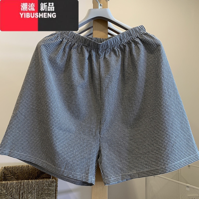 YIBUSHENG格子睡裤女薄款居家懒人裤直筒休闲阔腿裤外穿居家短裤高清大图