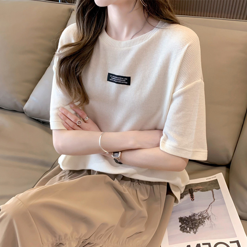 唐狮清凉夏季t恤女新款小众设计感华夫格织标上衣宽松小衫ins
