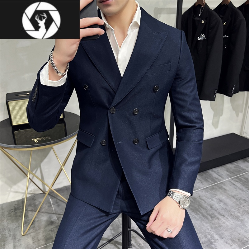 HongZun男士双排扣西装套装2023春季新款潮流修身高级感痞帅西服商务休闲