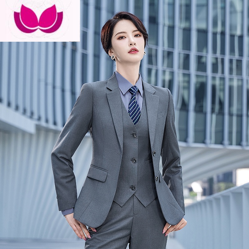七斓灰色西服套装女大学生面试职业修身西装外套气质正装三件套工作服 5XL 女浅灰单件外套