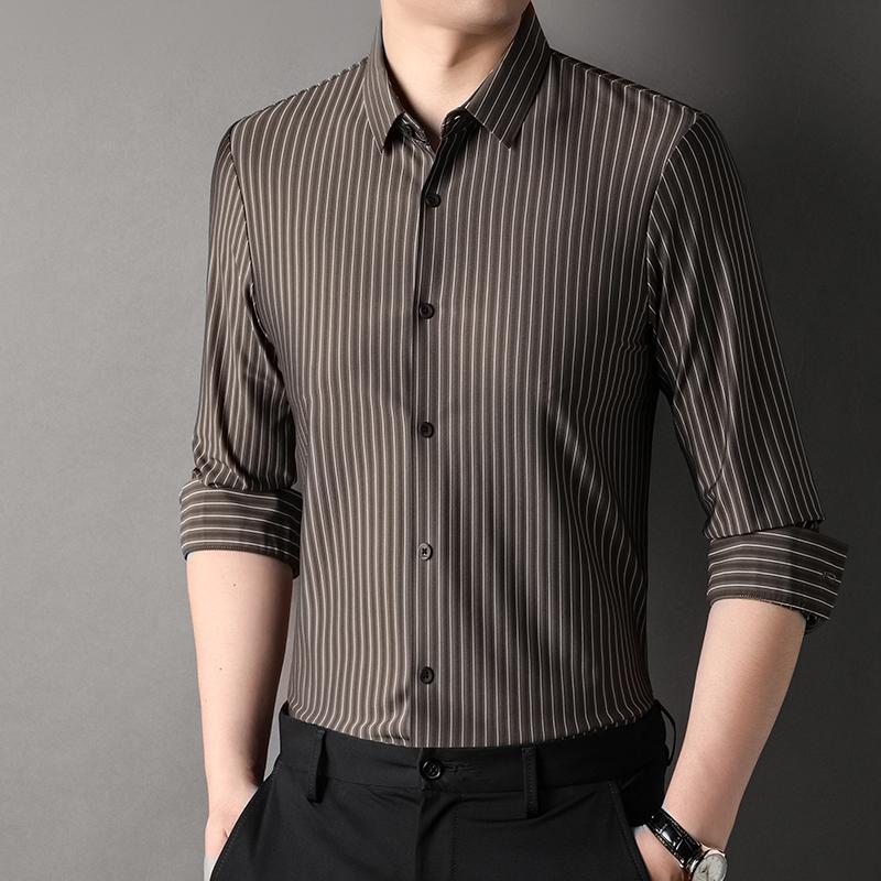 恒源祥2023新款秋衣服长袖衬衫男条纹商务休闲中年男装工作服饰免烫