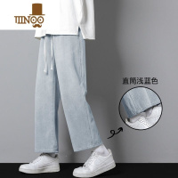 YANXU港风系绳牛仔裤男宽松直筒阔腿裤ins高街休闲百搭九分裤子潮 XL 浅蓝色