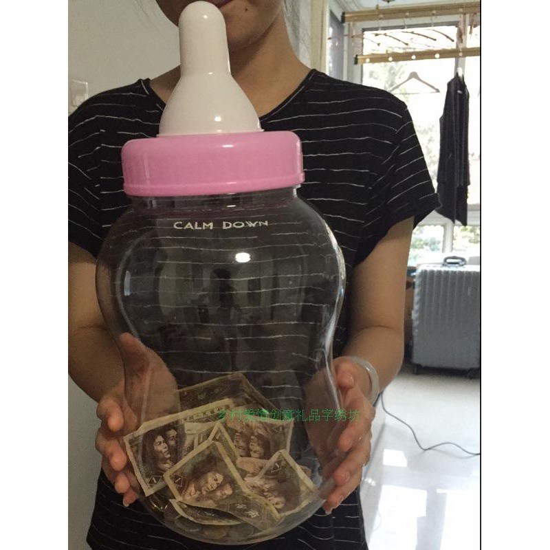 特大号奶瓶存钱罐创意圣诞生日礼舞道具实用儿童可爱网红储蓄罐 三维工匠 特大号蓝色奶瓶[加小鸡存钱罐]