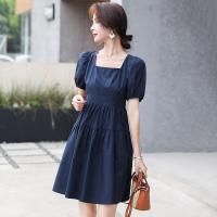 TERRE BLEUE泡泡袖连衣裙女2021夏季新款时尚气质百搭中长款裙子 藏青色 M