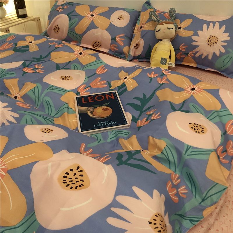 美式深蓝色复古四件套床单被单被套田园白晶菊碎花三件套