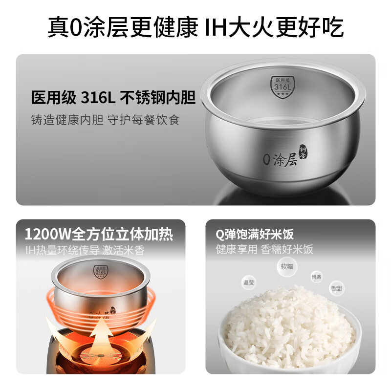 九阳 F-30F315L电饭煲0涂层316L不锈钢IH电磁加热球形内胆3L饭煲高清大图