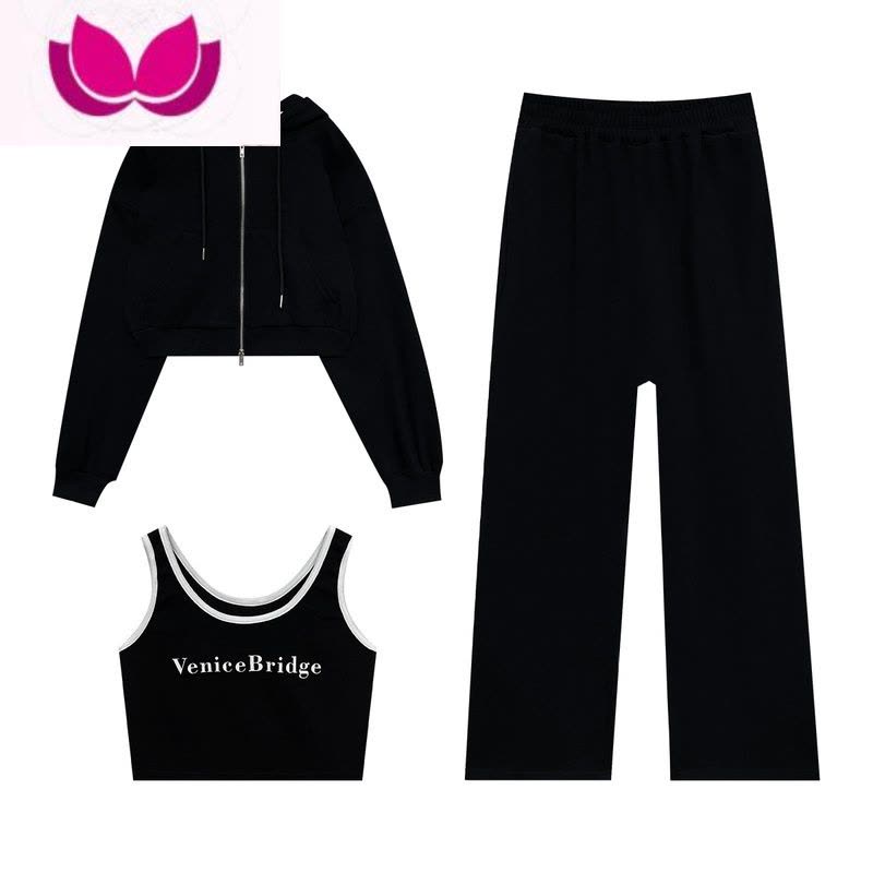 七斓背心开衫学院风运动套装2023新款休闲长裤子三件套女图片