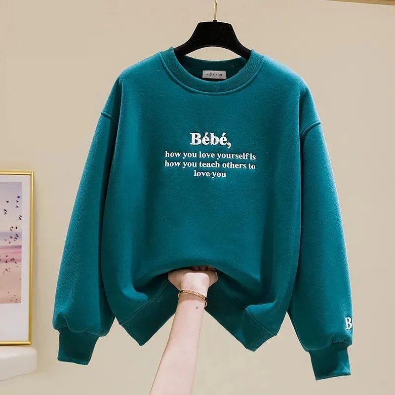 卫衣女秋冬季2023新款韩版学生宽松刺绣加绒加厚无帽长袖上衣外套 M建议95-110斤 孔雀蓝【春秋薄款】